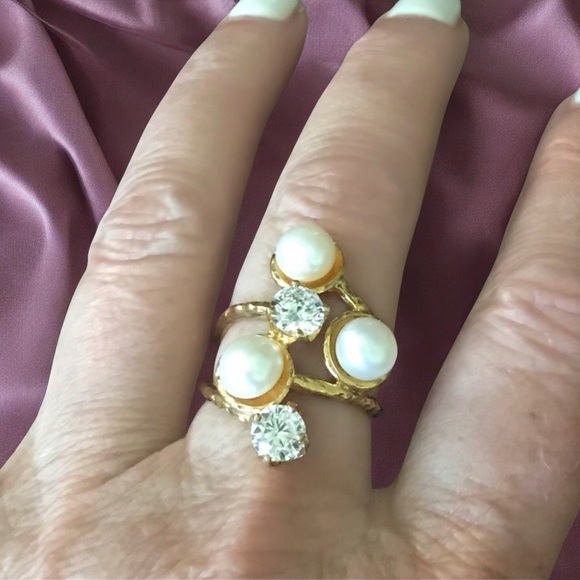 Tamar Swarovski Crystal Freshwater Pearl Ring Silver Plated 18k Gold NWT 8.5 - Picture 2 of 10